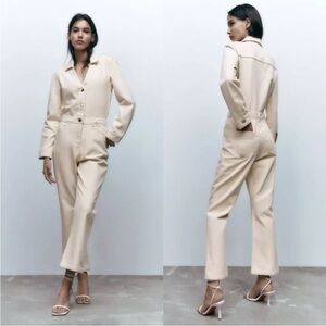NWT Zara Denim Coverall Utility Jumpsuit, V-Neck, Cream Off White, Size S